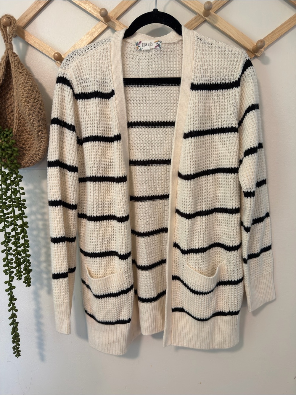 Pink Rose Cream and Black Striped Open-Front Cardigan